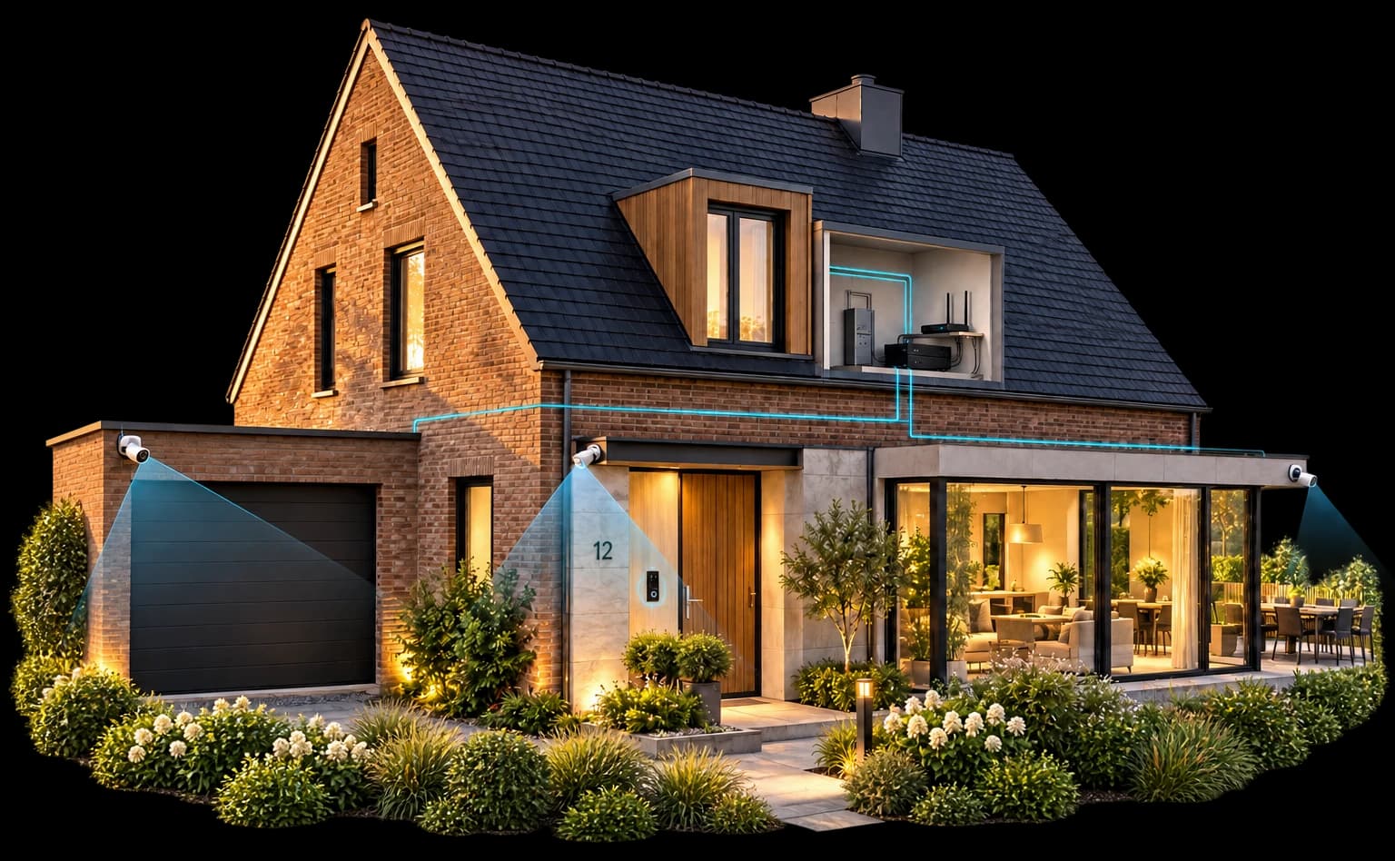 Een woning met deurbelcamera, buitencamera’s, kijkzones op eigen terrein en verbindingen naar een recorder binnenshuis.